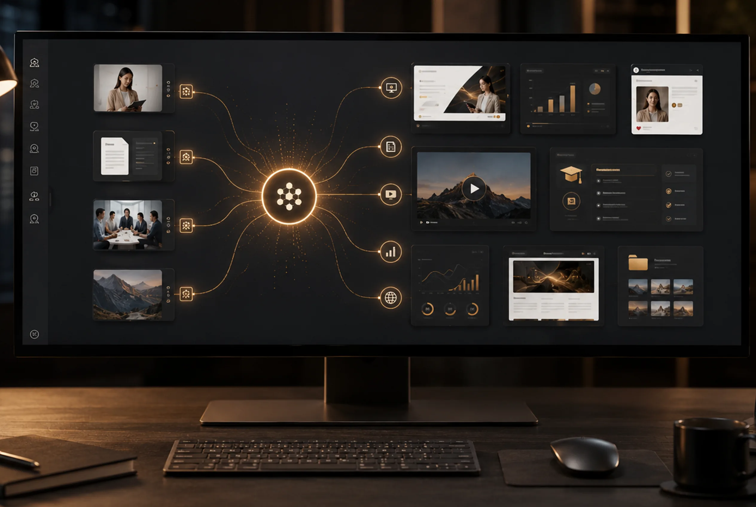 AI creative workflow dashboard on a monitor connecting video, images, and data into organized content