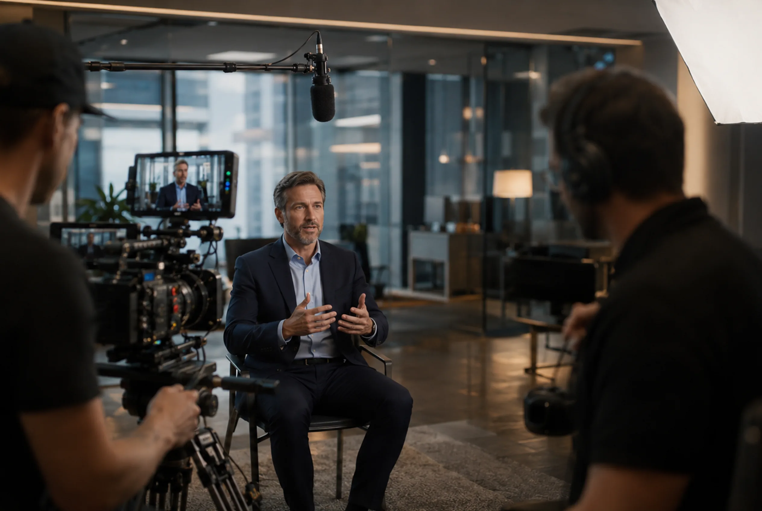 Corporate video interview being filmed in a studio with camera, boom mic, and lighting
