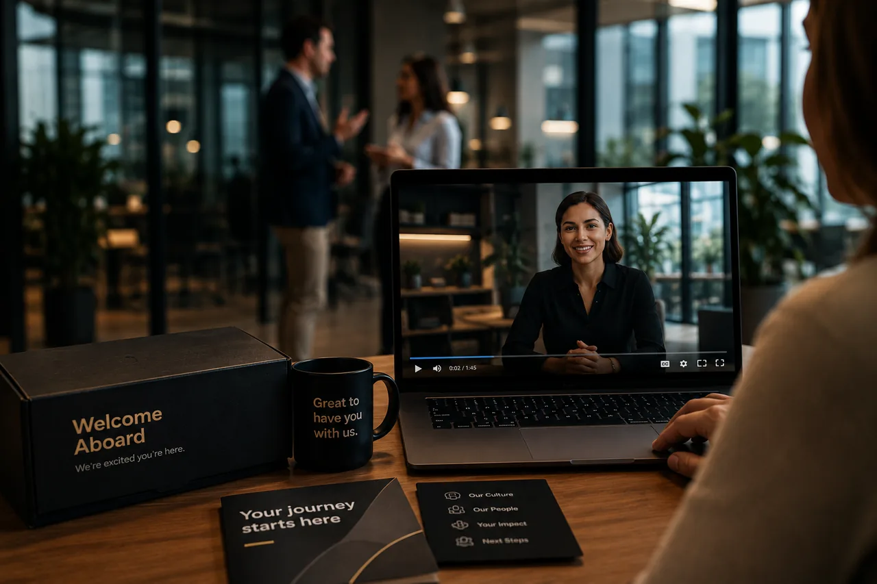 New hire watching an onboarding welcome video at a desk with a Welcome Aboard kit