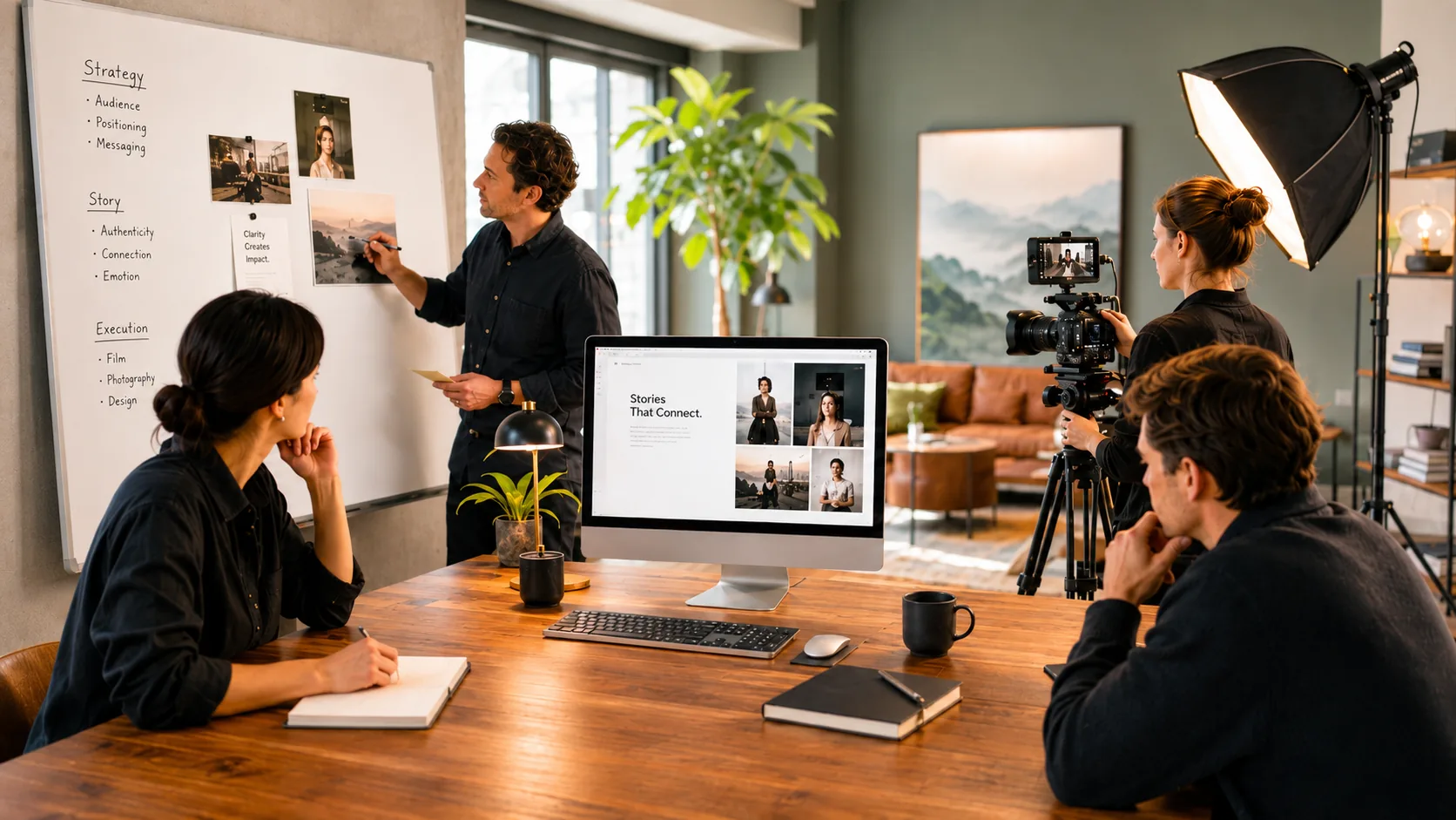Creative studio team in a strategy session with whiteboard, monitor, and camera setup